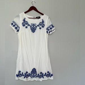 Lulus Tale to Tell Blue + Ivory Embroidered Shift Dress